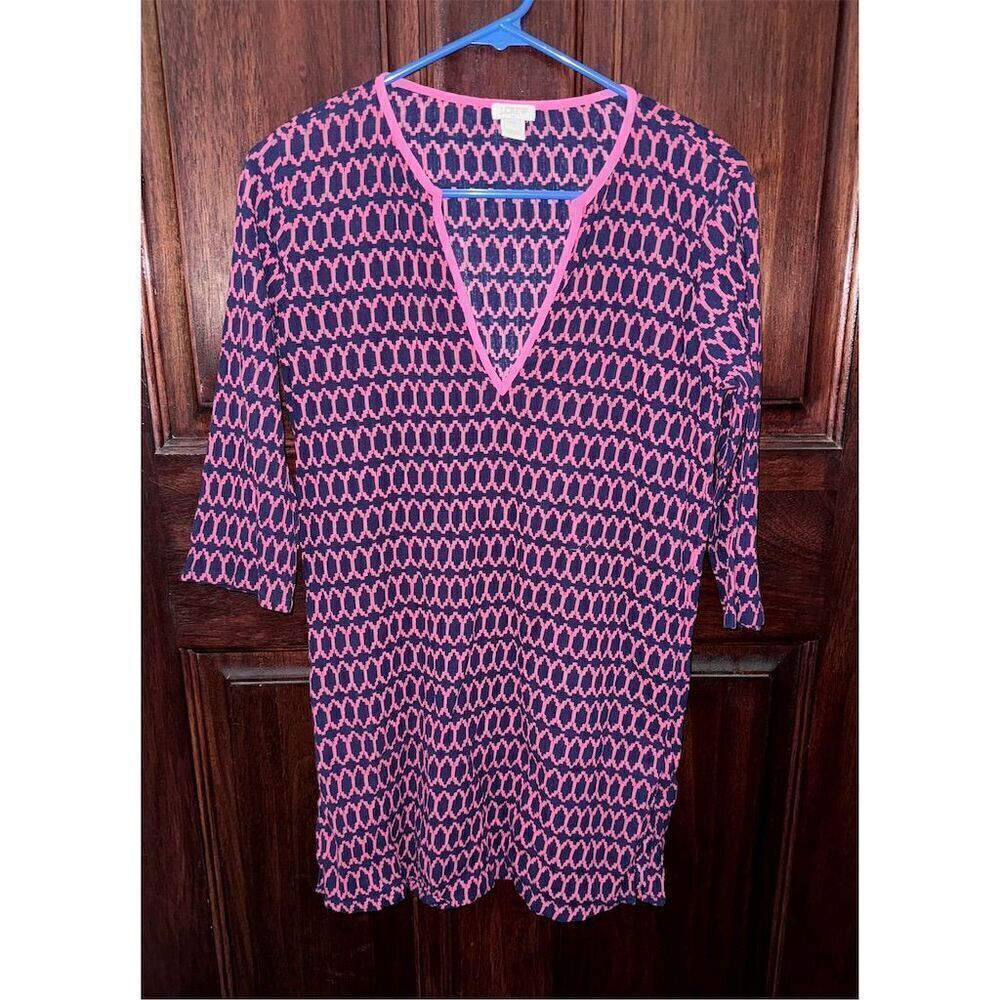 J.Crew Women's Tunic Swim Coverup XXS Navy Blue Pink Geometric Print‎ 3/4 Sleeve